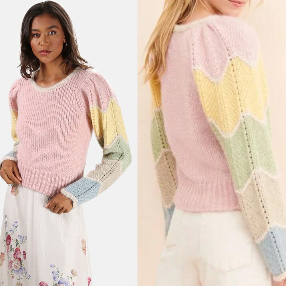 LoveShackFancy Aspyn Alpaca Knit Pastel Color Block Pullover Sweater